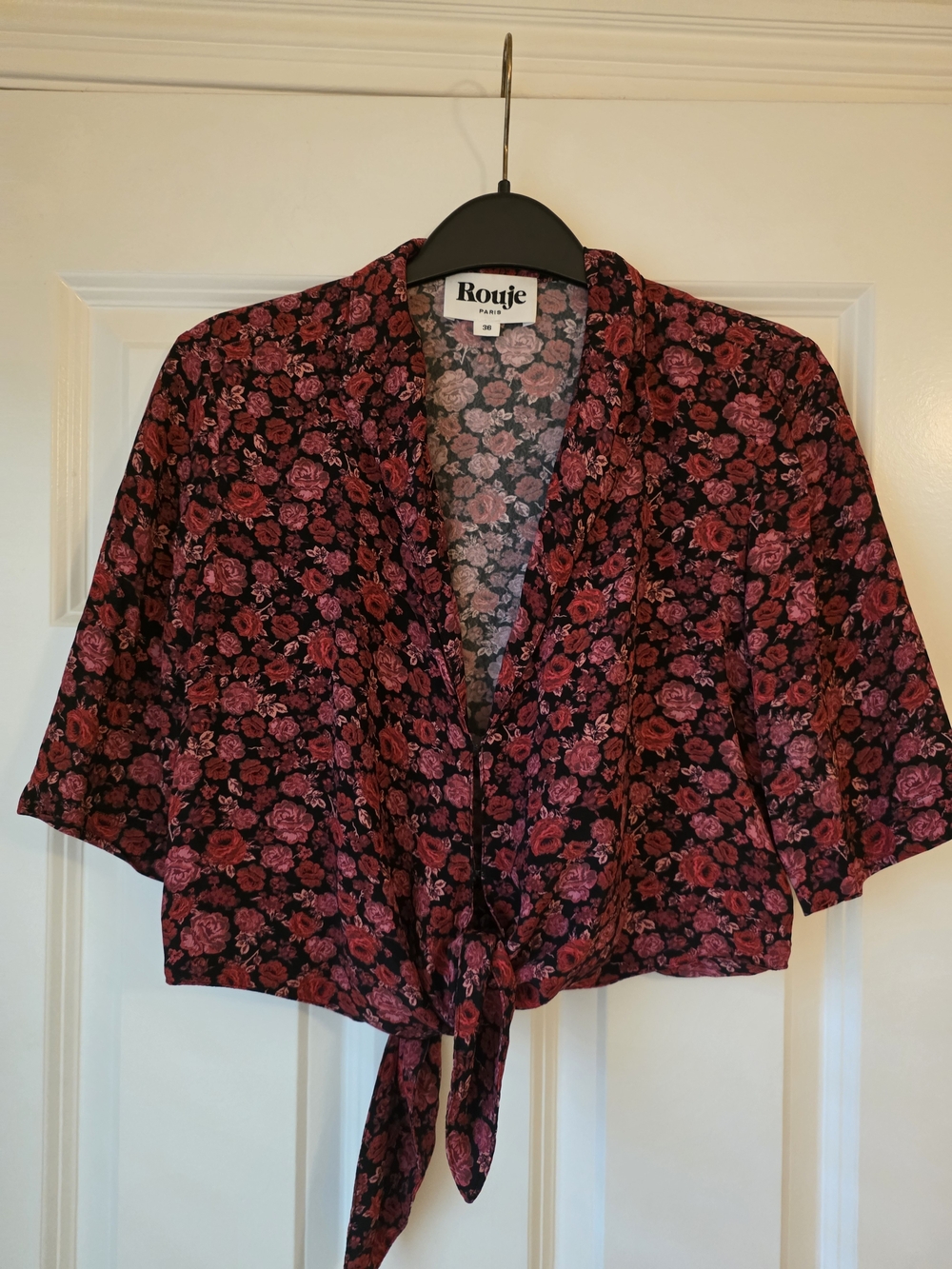 Rouje Black and Pink Rose Tie-Front Crop Top